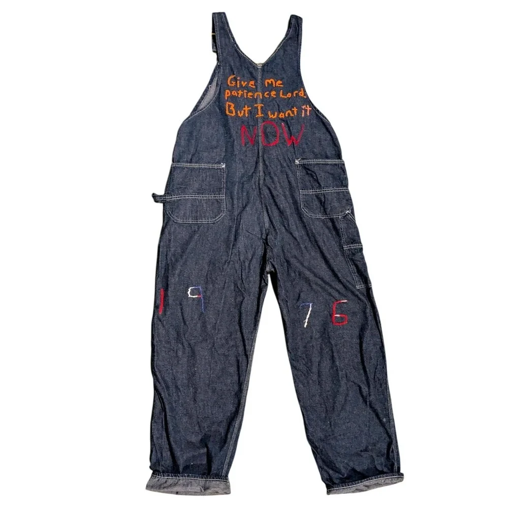 1970s dark indigo denim Embroidered and patchwork‎ customized overalls, American - Picture 3 of 9